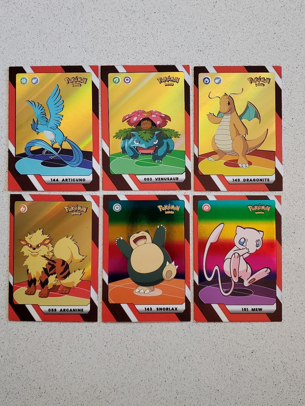 Gold Foil Trading Card Set - Articuno Venusaur Dragonite Arcanine Snorlax Mew